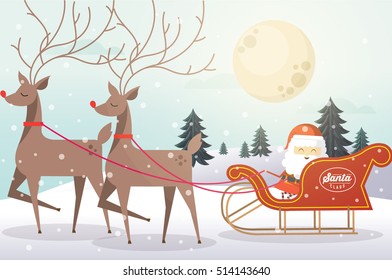 reindeers pulling on the reign/ christmas scene greetings template vector/illustration