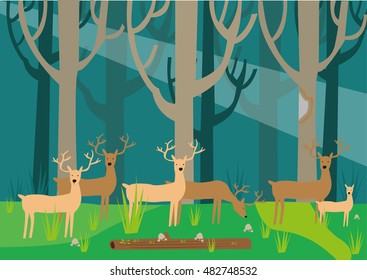 Reindeers roaming freely in the woodlands as part of their migratory movement from Europe to North America or vice versa. Editable Clip Art.