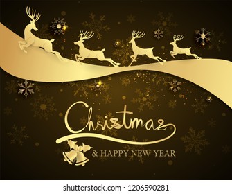 reindeers running on gold ribbin, Banner premium black gold,happy new year