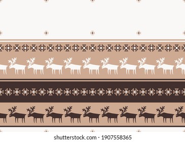 
Reindeers and Saami patterns geometric seamless texture. Lapland nature illustration.Vector design. 
