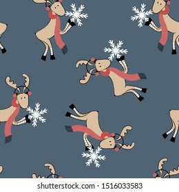 Reindeers in winter time, holding snowflake, on dark blue background. Vector seamless pattern.