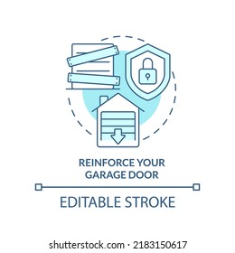 Reforzar el icono del concepto turquesa de la puerta del garaje. Ilustración delgada de la idea abstracta de seguridad de tormentas eólicas. Resistencia al huracán. Dibujo de contorno aislado. Trazo editable. Fuentes Arial, Myriad Pro-Bold utilizadas
