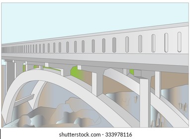 Reinforced arch, road bridge to the upper deck spans the river. Double carrying arc is embedded in a rocky river bank. The deck has a reinforced concrete walkways with railings.
