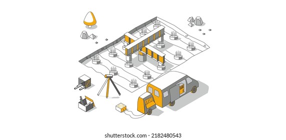 Reinforced concrete piles testing and assessment. Measurement and testing laboratory equipment. Vector isometric illustration.