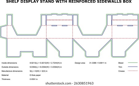 Reinforced sidewalls box shelf display stand die-cut template
