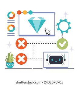 Reinforcement Learning concept. A visual journey through reward-based algorithm training, with icons signifying right and wrong choices leading to a goal. Flat vector illustration
