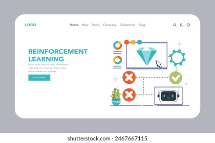 Reinforcement Learning concept. A visual journey through reward-based algorithm training, with icons signifying right and wrong choices leading to a goal. Flat vector illustration