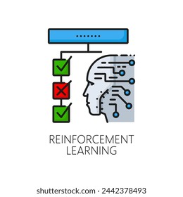 Reinforcement machine learning color line icon, ai artificial intelligence algorithm. Isolated vector linear sign, symbolizing continuous learning, with a central brain evolving through feedback loops