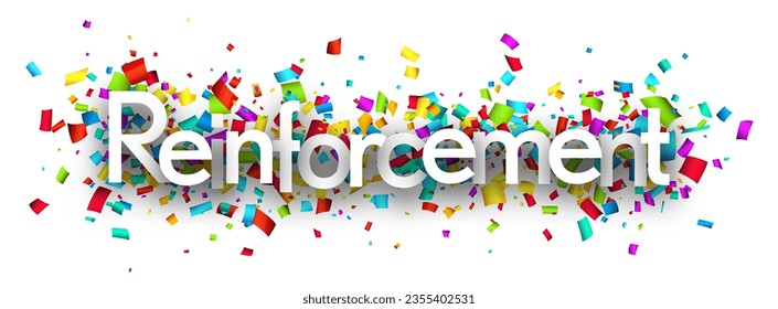 Reinforcement sign over colorful cut out ribbon confetti background. Design element. Vector illustration.