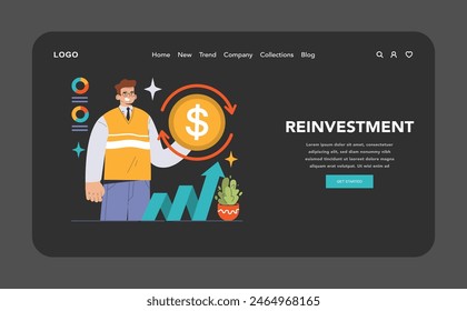 Reinvestment dark or night mode. Businessman observes financial growth, directing profits back into assets. Circular money flow, upward trend chart. Financial strategy. Flat vector illustration