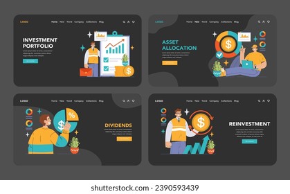 Reinvestment dark or night mode web or landing set. Professionals navigating financial growth, dividends to compound interest. Portfolio management, capital gains. Flat vector illustration.