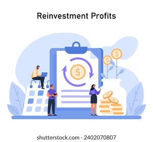 Reinvestment Profits concept. Demonstrates the cycle of reinvesting earnings to cultivate financial growth and capital gains. Flat vector illustration