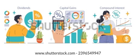 Reinvestment set. Investors explore dividends, assess capital gains, and understand compound interest. Money growth strategies. Financial analysis tools. Flat vector illustration