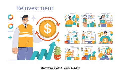 Reinvestment set. Professionals navigating financial growth, dividends to compound interest. Portfolio management, capital gains exploration. Flat vector illustration.