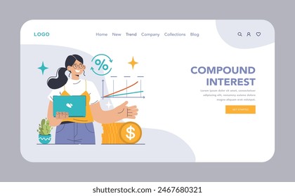 Web o aterrizaje de reinversión. Profesionales navegando por el crecimiento financiero, dividendos a intereses compuestos. Gestión de Carteras, exploración de plusvalías. Ilustración vectorial plana.