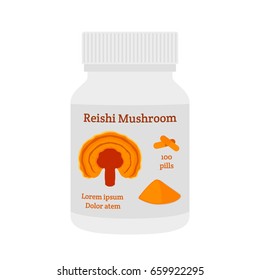 Reishi mushroom, Ganoderma lucidum tablets, pills, powder. Made in flat style. Healthy organic superfood, powder, pills.