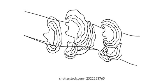 Reishi mushrooms in one continuous line drawing. Organic ganoderma lucidum fungi in simple linear style. Superfood medicinal and edible plant in editable stroke. Doodle vector illustration