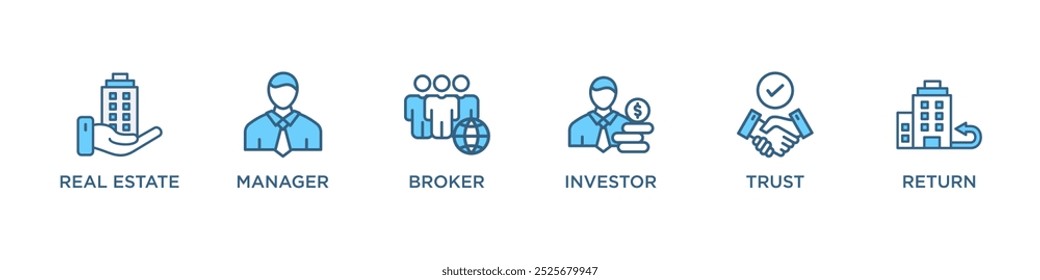 Concepto de Ilustración vectorial de ícono de Web de Anuncio REIT de fideicomiso de inversión inmobiliaria con ícono de bienes raíces, gerente, corredor, inversor, fideicomiso y retorno
