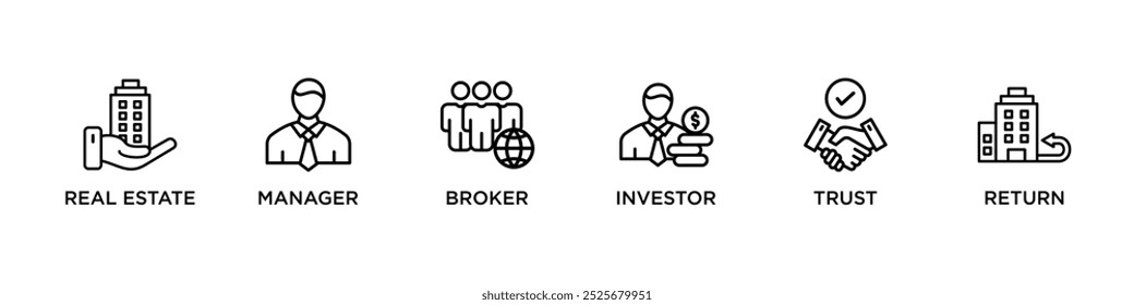 Concepto de Ilustración vectorial de ícono de Web de Anuncio REIT de fideicomiso de inversión inmobiliaria con ícono de bienes raíces, gerente, corredor, inversor, fideicomiso y retorno