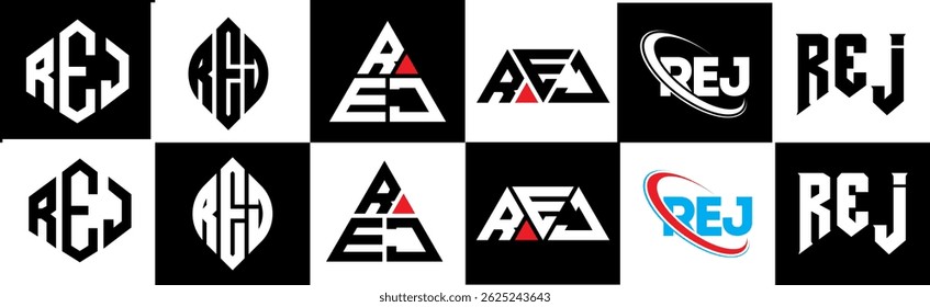 REJ letter logo design in six style. REJ polygon, circle, triangle, hexagon, flat and simple style with black and white color variation letter logo set in one artboard. REJ minimalist and classic logo