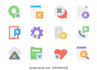 Reject 3d icons set. Pack flat pictograms of cross sign on location pin, webpage, chat message, document, notice, settings, gear, money, call and other. Vector elements for mobile app and web design
