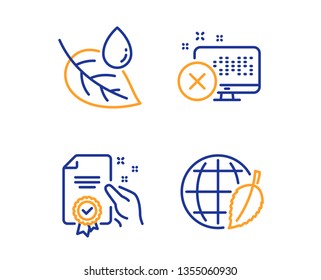 Reject access, Leaf dew and Certificate icons simple set. Environment day sign. Delete device, Water drop, Certified guarantee. Safe world. Business set. Linear reject access icon. Colorful design set
