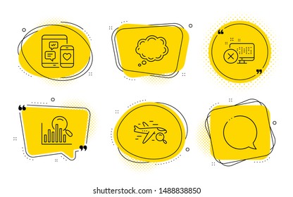 Reject access, Search flight and Speech bubble signs. Chat bubbles. Comic message, Social media and Search line icons set. Speech bubble, Mobile devices, Analytics. Delete device. Vector