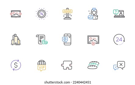 Reject, Attraction and 24 hours line icons for website, printing. Collection of Discount, Medical phone, Bread icons. Dollar exchange, Vip internet, Nurse web elements. Puzzle. Vector