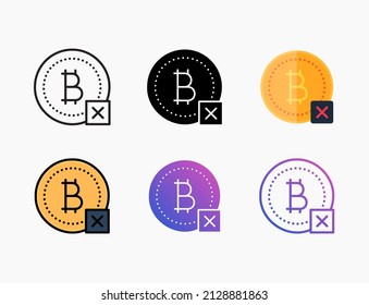 Reject Bitcoin icon set with line, outline, flat, filled, glyph, color, gradient. Editable stroke and pixel perfect. Can be used for digital product, presentation, print design and more.