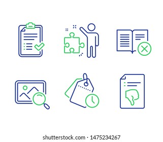 Reject book, Approved checklist and Strategy line icons set. Search photo, Time management and Thumb down signs. Delete article, Accepted message, Business plan. Find image. Technology set. Vector