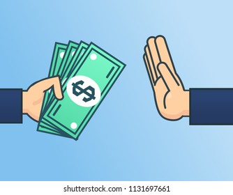Reject bribe. Stop corruption, don't take bribes, money concept. Flat design vector illustration