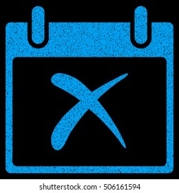 Reject Calendar Day grainy textured icon for overlay watermark stamps. Flat symbol with unclean texture. Dotted vector blue ink rubber seal stamp with grunge design on a black background.