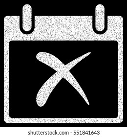Reject Calendar Day grainy textured icon for overlay watermark stamps. Flat symbol with unclean texture. Dotted vector white ink rubber seal stamp with grunge design on a black background.