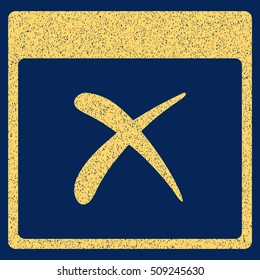 Reject Calendar Page grainy textured icon for overlay watermark stamps. Flat symbol with dust texture. Dotted vector yellow ink rubber seal stamp with grunge design on a blue background.