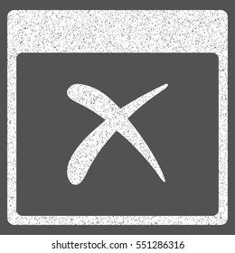 Reject Calendar Page grainy textured icon for overlay watermark stamps. Flat symbol with scratched texture. Dotted vector white ink rubber seal stamp with grunge design on a gray background.
