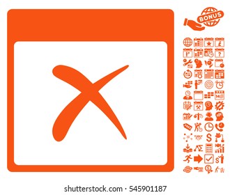 Reject Calendar Page icon with bonus calendar and time management symbols. Vector illustration style is flat iconic symbols, orange, white background.