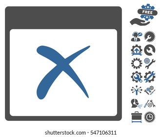 Reject Calendar Page icon with bonus setup tools pictures. Vector illustration style is flat iconic symbols, cobalt and gray, white background.