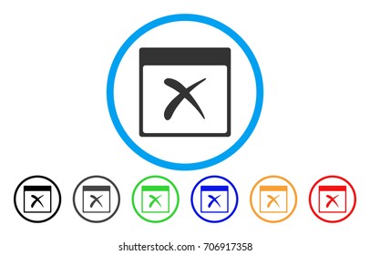 Reject Calendar Page vector rounded icon. Image style is a flat gray icon symbol inside a blue circle. Bonus color variants are grey, black, blue, green, red, orange.