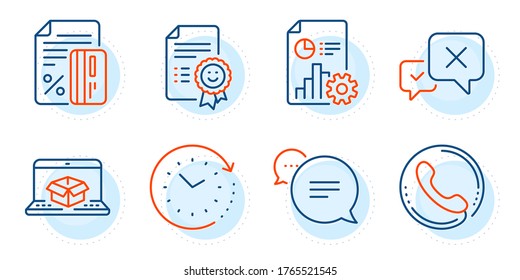 Reject, Call center and Smile signs. Time change, Report and Credit card line icons set. Online delivery, Text message symbols. Clock, Presentation document. Technology set. Outline icons set. Vector