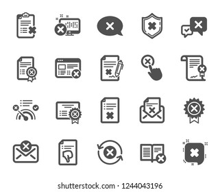 Reject or cancel icons. Set of Decline certificate, Cancellation and Dislike icons. Refuse, Reject stamp, Disapprove or cancel. Wrong agreement, delete certificate, checklist document. Vector