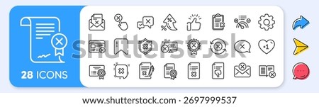 Reject or cancel line icons. Interest rate, AI generate, Inflation icons. Set of Decline certificate, Cancellation and Dislike icons. Refuse, Reject stamp, Disapprove or cancel. Vector