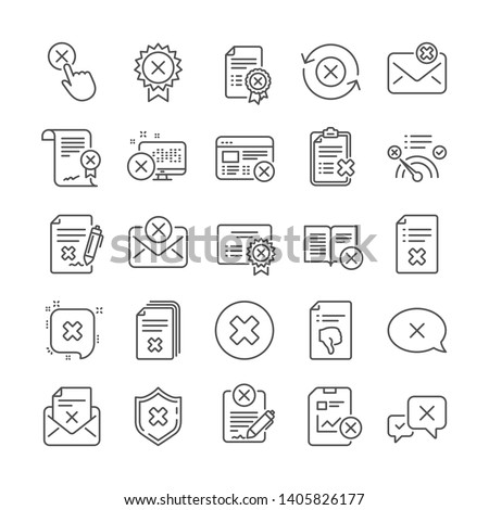 Reject or cancel line icons. Set of Decline certificate, Dislike and Cancellation icons. Refuse, Reject stamp, Disapprove or cancel. Wrong agreement, delete certificate, checklist document. Vector