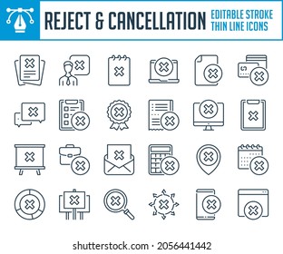 Reject and Cancellation thin line icons. Decline, Deny and Delete related outline icon set. Editable stroke icons.