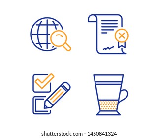 Reject certificate, Checkbox and Internet search icons simple set. Double latte sign. Decline file, Survey choice, Web finder. Tea cup. Linear reject certificate icon. Colorful design set. Vector