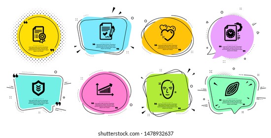 Reject certificate, Heart and Shield line icons set. Chat bubbles with quotes. Approved agreement, Health skin and Chart signs. Cocoa nut, Project deadline symbols. Decline file, Love. Vector