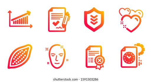 Reject certificate, Heart and Shield line icons set. Approved agreement, Health skin and Chart signs. Cocoa nut, Project deadline symbols. Decline file, Love. Business set. Vector