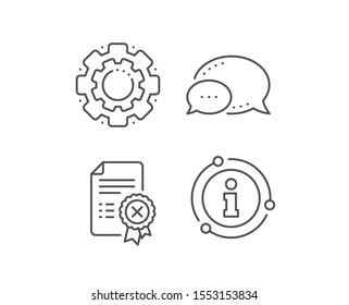 Reject certificate line icon. Chat bubble, info sign elements. Decline document sign. Wrong file. Linear reject certificate outline icon. Information bubble. Vector