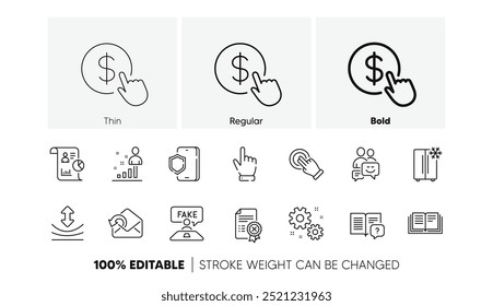 Ícones de certificado Rejeitar, Resiliência e Linha de proteção do telefone. Manual do pacote de instruções, Estatísticas, ícone Trabalho. Compre moeda, Cursor, Pictograma de gestos Touchscreen. Envie um e-mail, Educação. Vetor