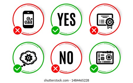 Reject certificate, Smartphone statistics and Cogwheel icons simple set. Yes no check box. Motherboard sign. Decline file, Mobile business, Engineering tool. Computer component. Business set. Vector