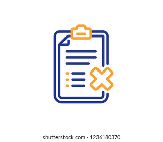 Reject checklist line icon. Decline document sign. Delete file. Colorful outline concept. Blue and orange thin line color Reject checklist icon. Vector